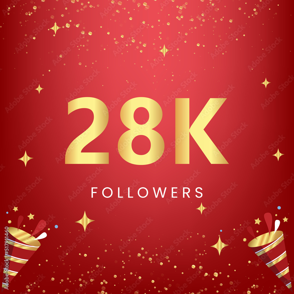 Naklejka premium Thank you 28k or 28 thousand followers with gold bokeh and star isolated on red background. Premium design for social media story, social sites posts, greeting card, social networks, poster, banner.