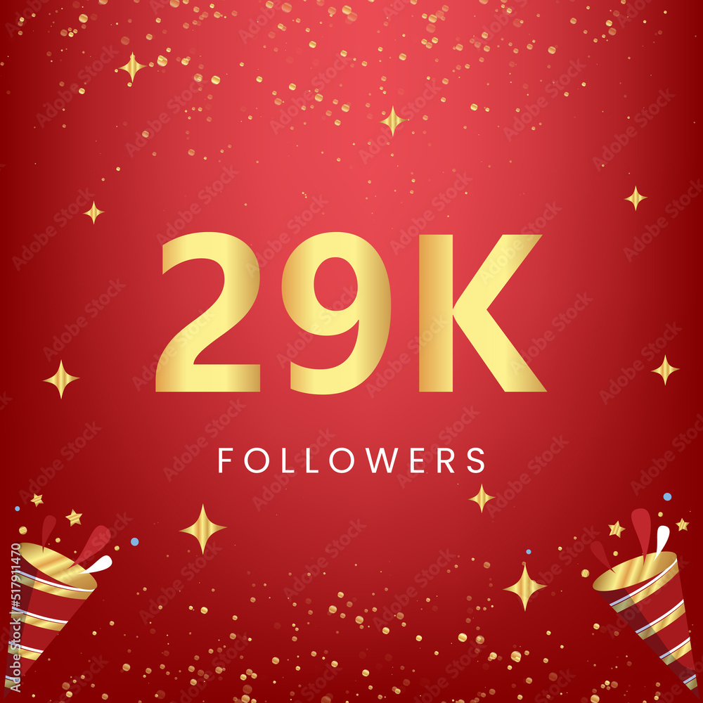 Thank you 29k or 29 thousand followers with gold bokeh and star isolated on red background. Premium design for social media story, social sites posts, greeting card, social networks, poster, banner.