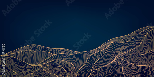 Vector abstract golden luxury pattern, lines background. Line arts wallpaper. Wavy art deco texture for print, fabric, packaging design. Laves, organic, landscape art in japanese style.