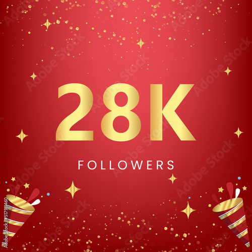 Thank you 28k or 28 thousand followers with gold bokeh and star isolated on red background. Premium design for social media story  social sites posts  greeting card  social networks  poster  banner.