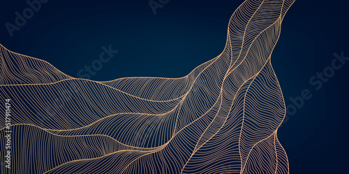 Vector abstract golden luxury pattern, lines background. Line arts wallpaper. Wavy art deco texture for print, fabric, packaging design. Laves, organic, landscape art in japanese style.