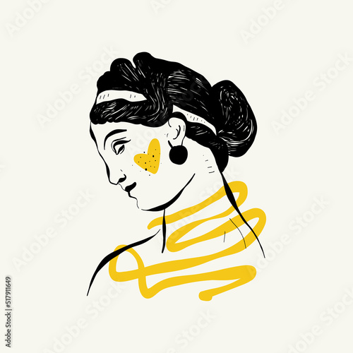 Linear drawings of heads of antique statues of the goddess and mythical god in the engraving style. Creative minimal linear woman vector with growing branch from her head.