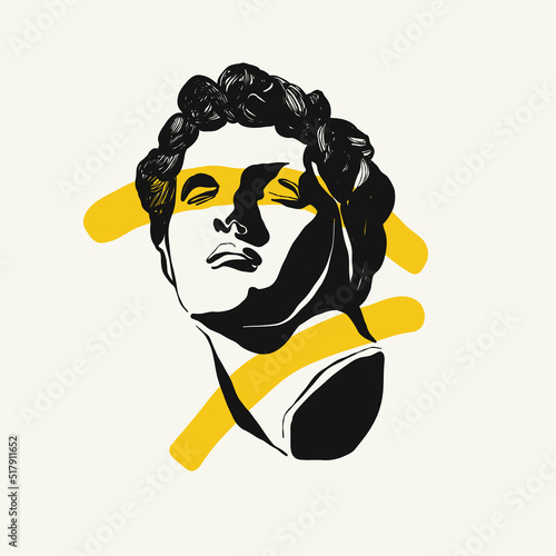 Linear drawings of heads of antique statues of the goddess and mythical god in the engraving style. Creative minimal linear woman vector with growing branch from her head.