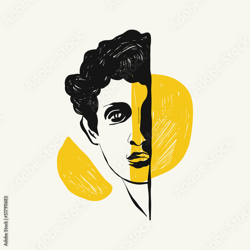 Linear drawings of heads of antique statues of the goddess and mythical god in the engraving style. Creative minimal linear woman vector with growing branch from her head.
