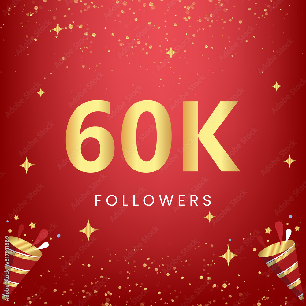 Thank you 60k or 6 thousand followers with gold bokeh and star isolated on red background. Premium design for social media story, social sites posts, greeting card, social networks, poster, banner.
