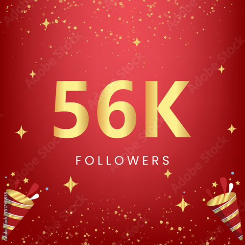 Thank you 56k or 56 thousand followers with gold bokeh and star isolated on red background. Premium design for social media story, social sites posts, greeting card, social networks, poster, banner.