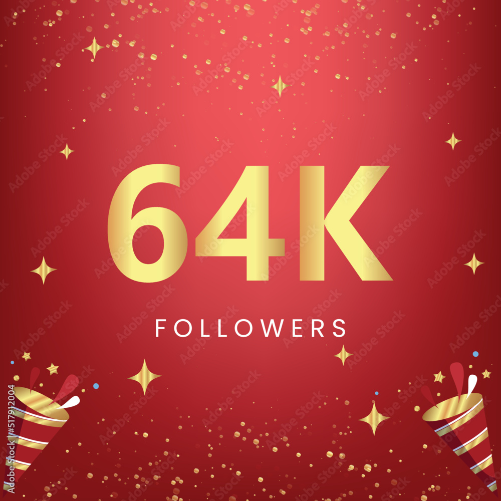 Thank you 64k or 64 thousand followers with gold bokeh and star isolated on red background. Premium design for social media story, social sites posts, greeting card, social networks, poster, banner.