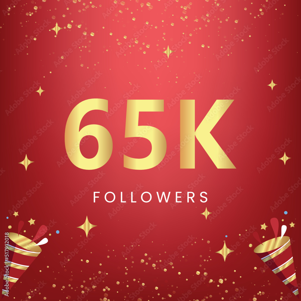 Thank you 65k or 65 thousand followers with gold bokeh and star isolated on red background. Premium design for social media story, social sites posts, greeting card, social networks, poster, banner.