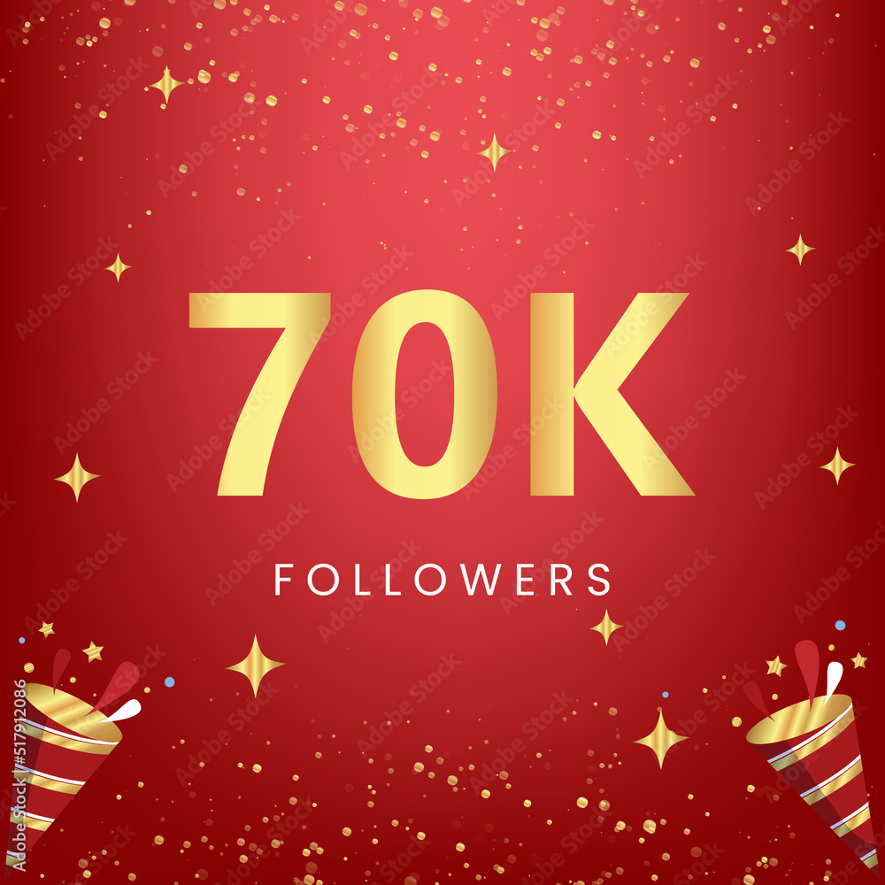 Thank you 70k or 70 thousand followers with gold bokeh and star isolated on red background. Premium design for social media story, social sites posts, greeting card, social networks, poster, banner.