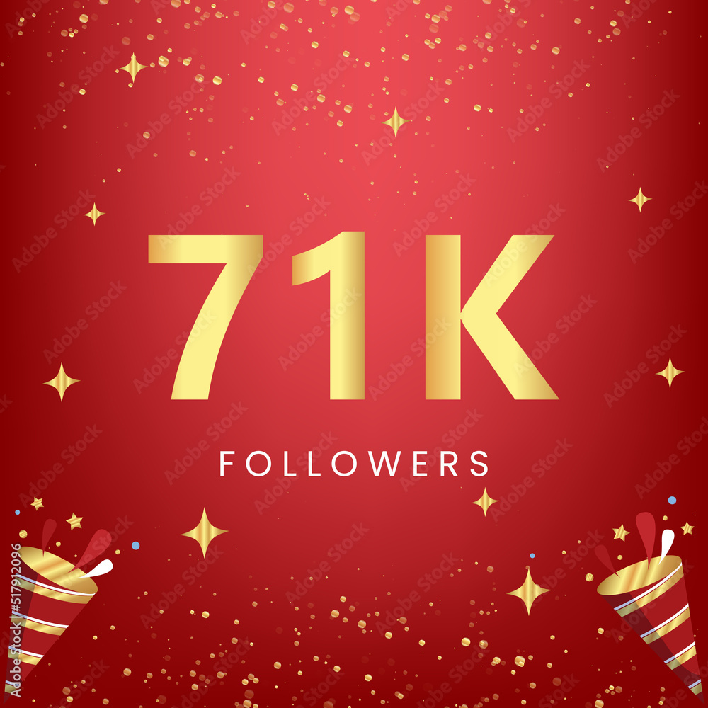 Thank you 71k or 71 thousand followers with gold bokeh and star isolated on red background. Premium design for social media story, social sites posts, greeting card, social networks, poster, banner. Thank you 71k or 71 thousand followers with gold bokeh and star isolated on red background. Premium design for social media story, social sites posts, greeting card, social networks, poster, banner.