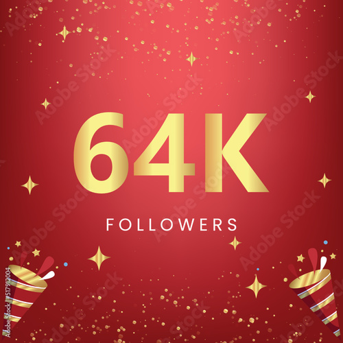 Thank you 64k or 64 thousand followers with gold bokeh and star isolated on red background. Premium design for social media story, social sites posts, greeting card, social networks, poster, banner.