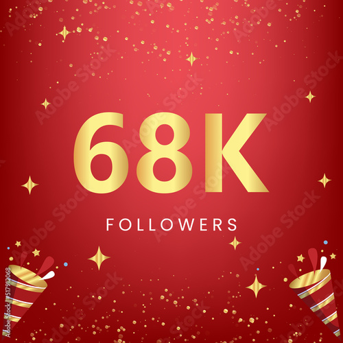 Thank you 68k or 68 thousand followers with gold bokeh and star isolated on red background. Premium design for social media story, social sites posts, greeting card, social networks, poster, banner.