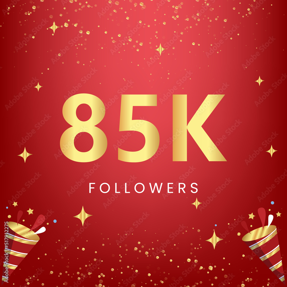 Thank you 85k or 85 thousand followers with gold bokeh and star isolated on red background. Premium design for social media story, social sites posts, greeting card, social networks, poster, banner. Thank you 85k or 85 thousand followers with gold bokeh and star isolated on red background. Premium design for social media story, social sites posts, greeting card, social networks, poster, banner.