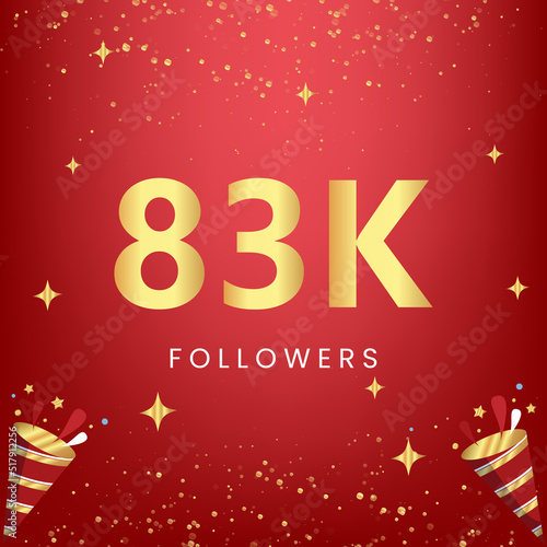 Thank you 83k or 83 thousand followers with gold bokeh and star isolated on red background. Premium design for social media story, social sites posts, greeting card, social networks, poster, banner.
