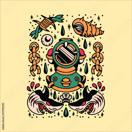 ocean tattoo flash vector design