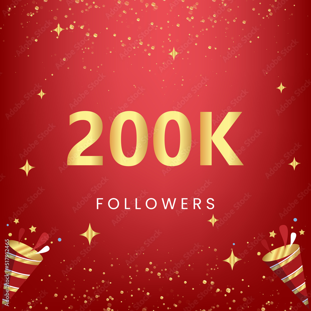 Thank you 200k or 200 thousand followers with gold bokeh and star isolated on red background. Premium design for social media story, social sites posts, greeting card, social networks, poster, banner.