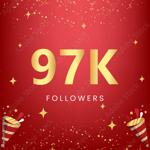 Thank you 97k or 97 thousand followers with gold bokeh and star isolated on red background. Premium design for social media story  social sites posts  greeting card  social networks  poster  banner.