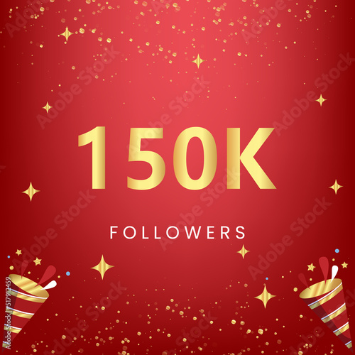 Thank you 150k or 150 thousand followers with gold bokeh and star isolated on red background. Premium design for social media story, social sites posts, greeting card, social networks, poster, banner.