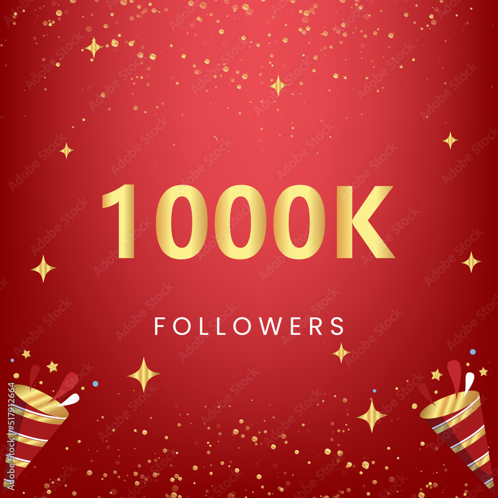 Naklejka premium Thank you 1000k followers with gold bokeh and star isolated on red background. Premium design for social media story, social sites posts, greeting card, social networks, poster, banner.