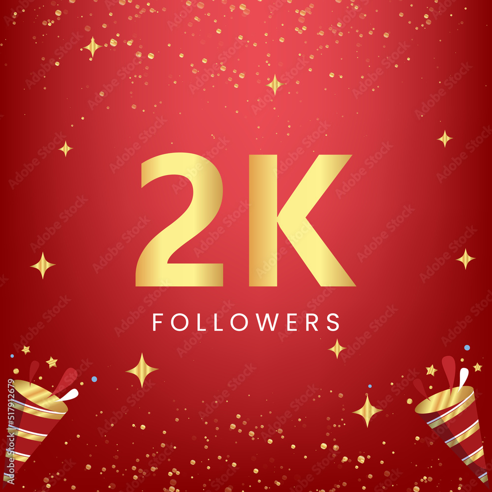 Thank you 2k or 2 thousand followers with gold bokeh and star isolated on red background. Premium design for social media story, social sites posts, greeting card, social networks, poster, banner.