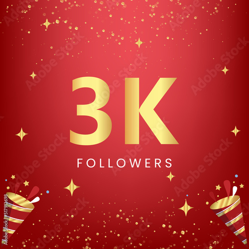 Thank you 3k or 3 thousand followers with gold bokeh and star isolated on red background. Premium design for social media story, social sites posts, greeting card, social networks, poster, banner.