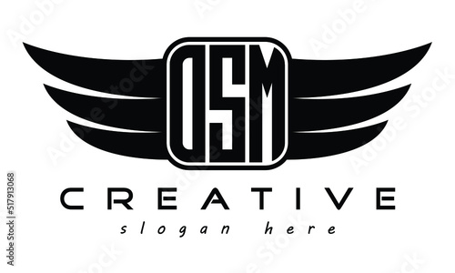 OSM three Letter Wings minimalist creative concept flag Flying abstract Initial wing symbol icon professional logo design, Vector template
