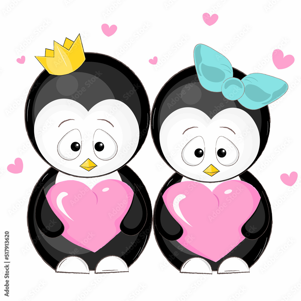 two cute penguins with hearts