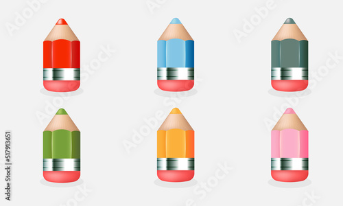 Set of colored pencils with an eraser on an isolated background. Vector illustration