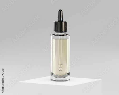 Minimalistisches Mockup einer braunen Glasflasche mit Pipette für Kosmetikprodukte und Medizin, 3D Rendering ohne Etikett