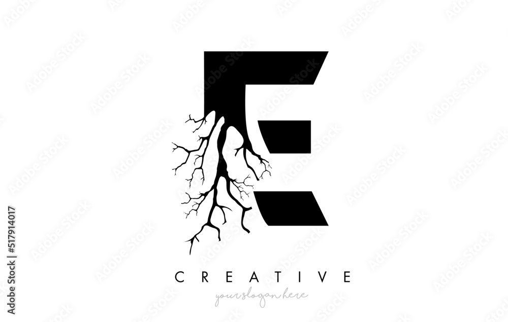 Letter E Design Logo with Creative Tree Branch. E Letter Tree Icon Logo
