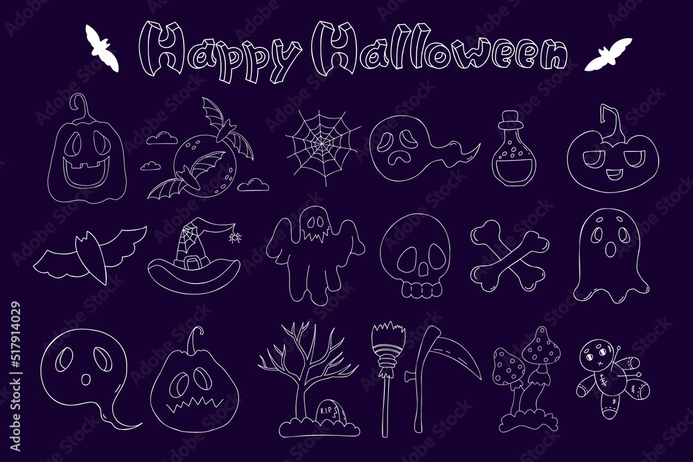 Happy Halloween doodles. Jack pumpkin, ghost, bat and skull and crossbones, grave, voodoo doll, witch hat, scythe, broom and potion. Vector isolated outline elements. White line on dark background. - obrazy, fototapety, plakaty 