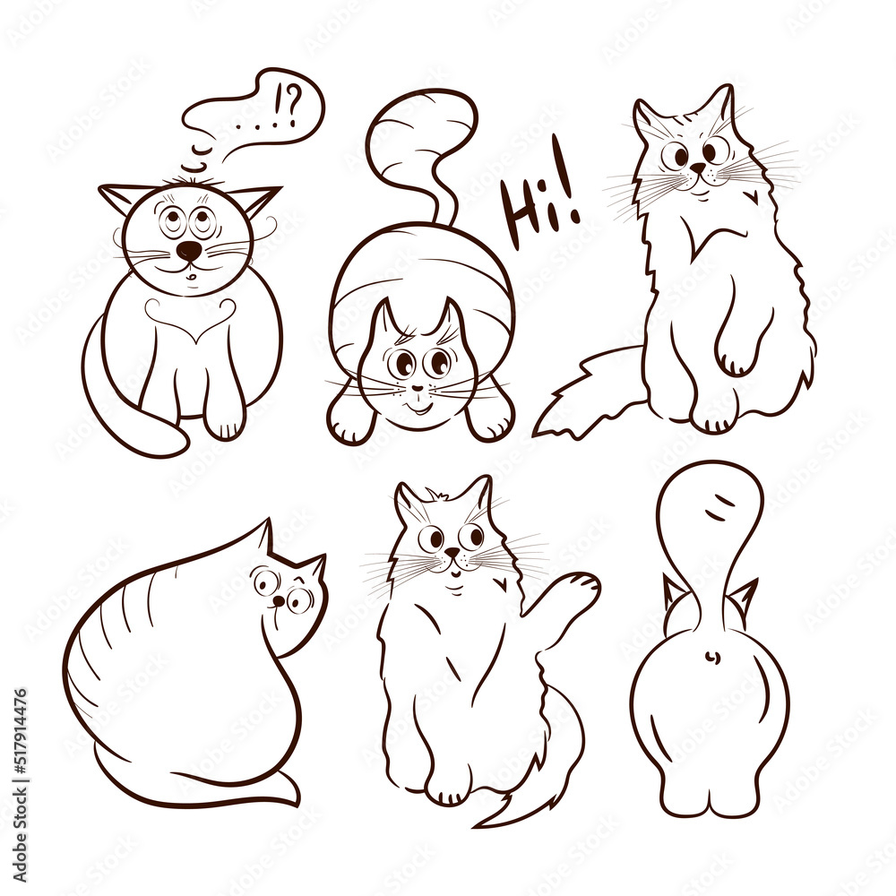 Fototapeta premium A set of funny cats. Sketch on a white background.