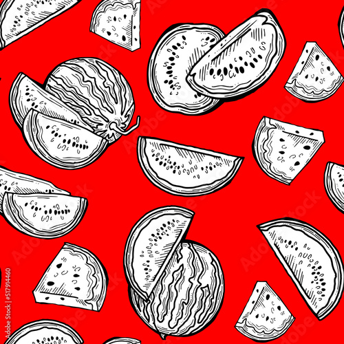 Watermelon pattern for wallpaper, wrapping paper, textile fabric print, fruit shop. Summer holiday, healthy food, vegan eating, exotic nature theme. Decorative colourful background. Hand drawing.