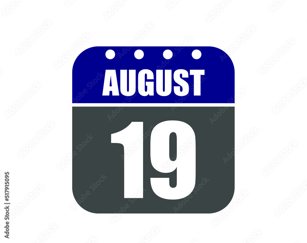 19 August calendar banner. August calendar icon in blue and gray. 19 August calendar banner. August calendar icon in blue and gray.
