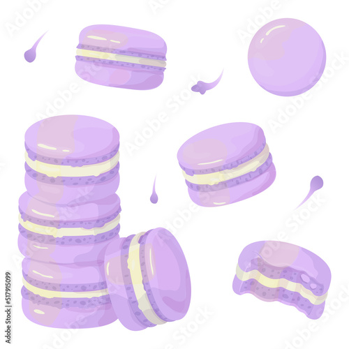 Purple Macarons realistic vector illustration. Watercolor french confectionery. Homemade sweet bakery.