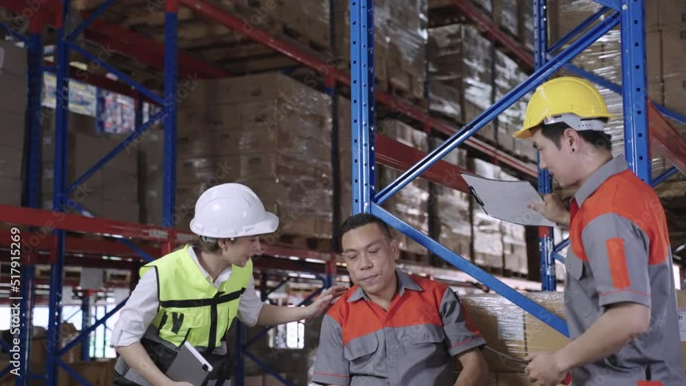 Older Asians resting from injury or sickness from hot weather from working in warehouses supervised by manager, heatstroke. Older Asians resting from injury or sickness from hot weather from working in warehouses supervised by manager, heatstroke.