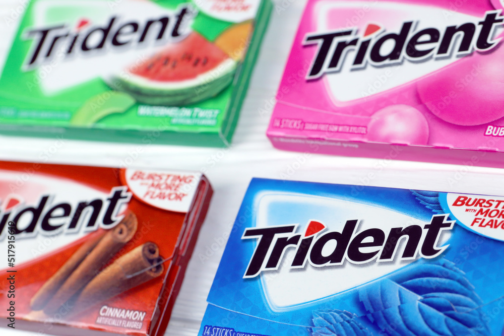 KHARKIV, UKRAINE MARCH 15, 2021 Packs of Trident gums. Trident was