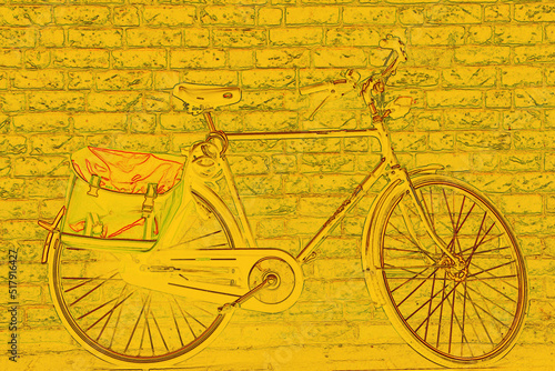 Illustration image of a bicycle parked in front of a wall. Background in yellow tones