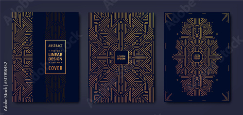 Set of vector Art deco, gatsby golden covers. Creative design templates. Trendy graphic poster, brochure, design, packaging and branding. Geometric shapes, ornaments, elements.