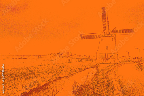 Netherlands' famous windmill on orange background