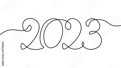 2023 New Year single continuous line art. Holiday greeting card headline decoration. Date numbers concept design. One sketch outline drawing white vector illustration photo