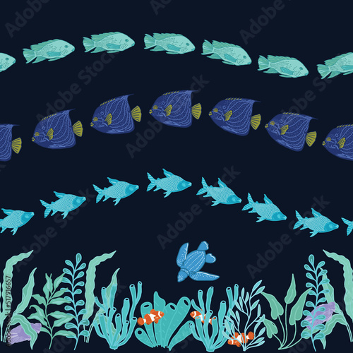 Horizontal border seamless Vector pattern with water plants, horziontal swimming fish in wave line isolated on blackblue background. Pattern design for Fabric, paper, cover, wrapping paper, photo