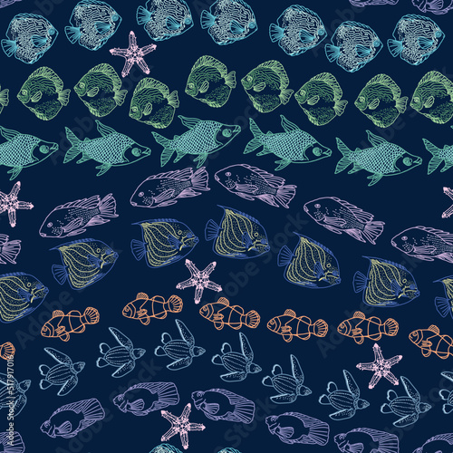 Seamless vector pattern with starfish and horziontal swimming fish in wave line isolated on darkblue background. Pattern design for Fabric, paper, cover, wrapping paper,