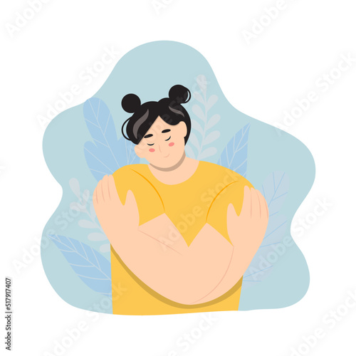 A woman is hugging herself. Support concept. Self-love, support concept. Help and compassion, depression illustration. Personal crisis, mental health and happiness.