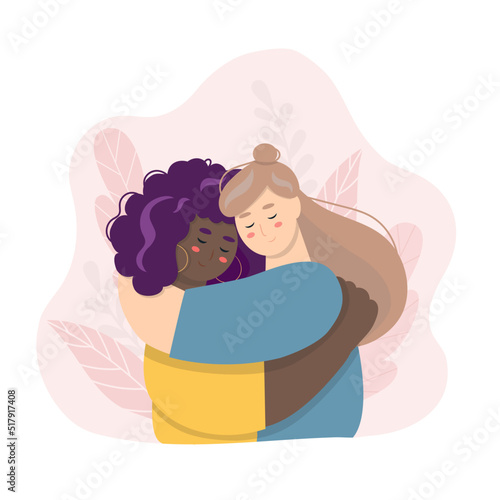 Two women are hugging. Support concept. Help, friendship and compassion, depression illustration. Family crisis.