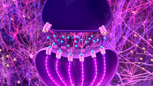 Synapse and neuron. Transmission of the nerve signal between two neurons with axon and synapse. 
Neural communication. 