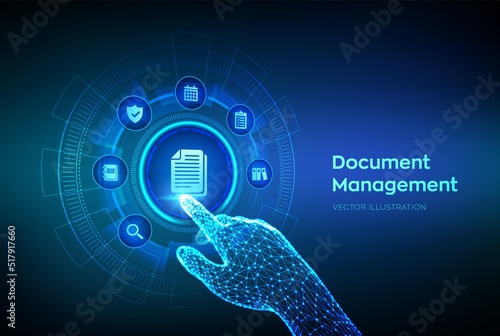 DMS. Document Management Data System. Corporate data management system. Privacy data protection. Business Internet Technology Concept. Robotic hand touching digital interface. Vector illustration.
