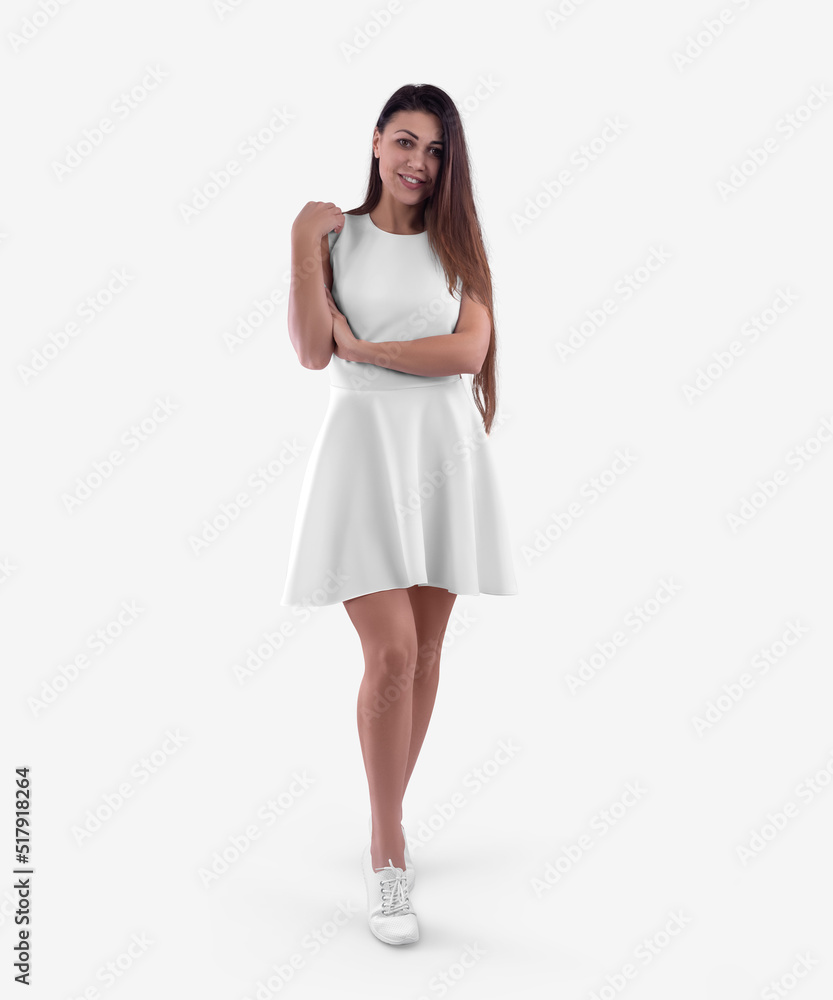 Mockup of a white loose sundress on a smiling girl, a mid-length dress on a model in moccasins, isolated on background, front view. Mockup of a white loose sundress on a smiling girl, a mid-length dress on a model in moccasins, isolated on background, front view.