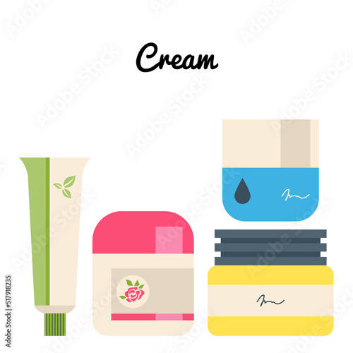 Cosmetic beauty products in bottles, jars set. Body, face care, skincare hygiene essences. Cream for face, face cream. Flat graphic vector illustrations isolated on white background