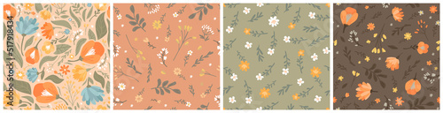 Set of vector seamless patterns of flowers and leaves. Simple modern illustration for trendy fabrics, wallpaper, wrapping paper, linens in orange colors.